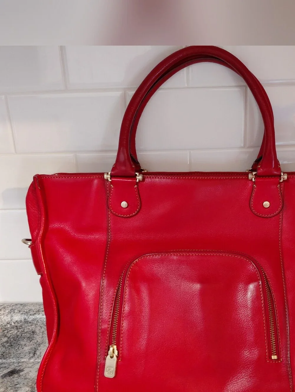 Liz Claiborne Red Leather Work Computer Tote Bag With Gold Hardware